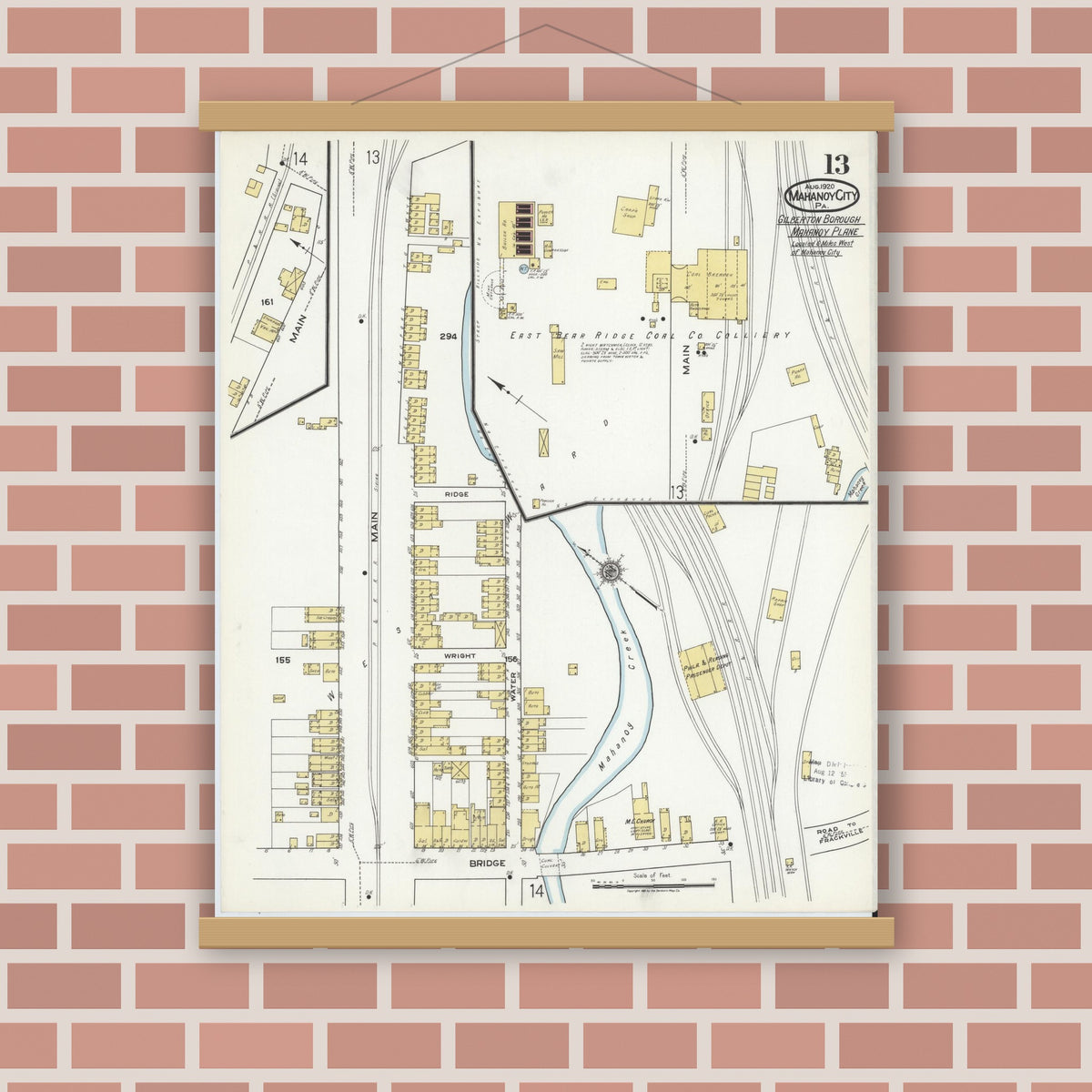 Old map wall art mockup — magnetic wood frame on brick wall — Sanborn Fire Insurance Map from Mahanoy City, Schuylkill County, Pennsylvania (1920), Sheet #0013