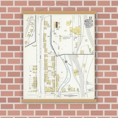 Old map wall art mockup — magnetic wood frame on brick wall — Sanborn Fire Insurance Map from Mahanoy City, Schuylkill County, Pennsylvania (1920), Sheet #0013
