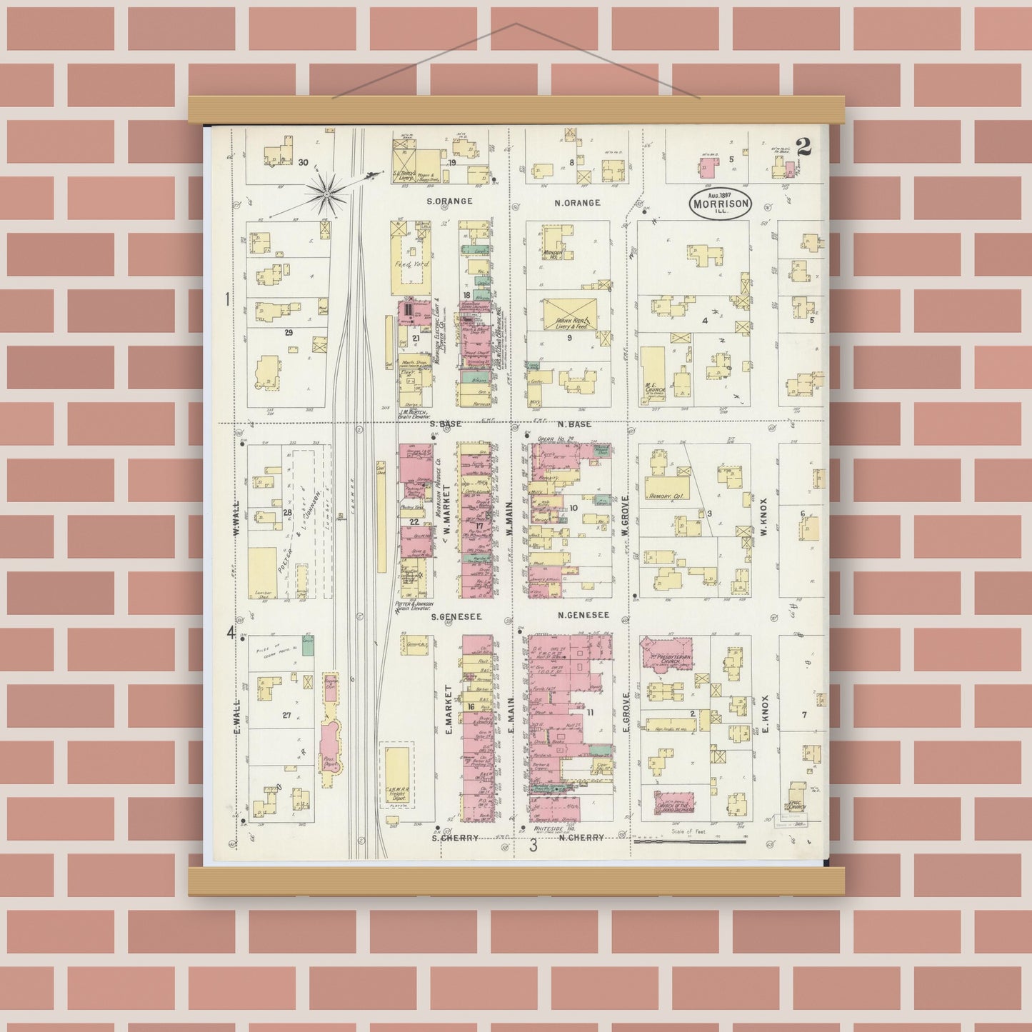 Old map wall art mockup — magnetic wood frame on brick wall — Sanborn Fire Insurance Map from Morrison, Whiteside County, Illinois (1897), Sheet #0002