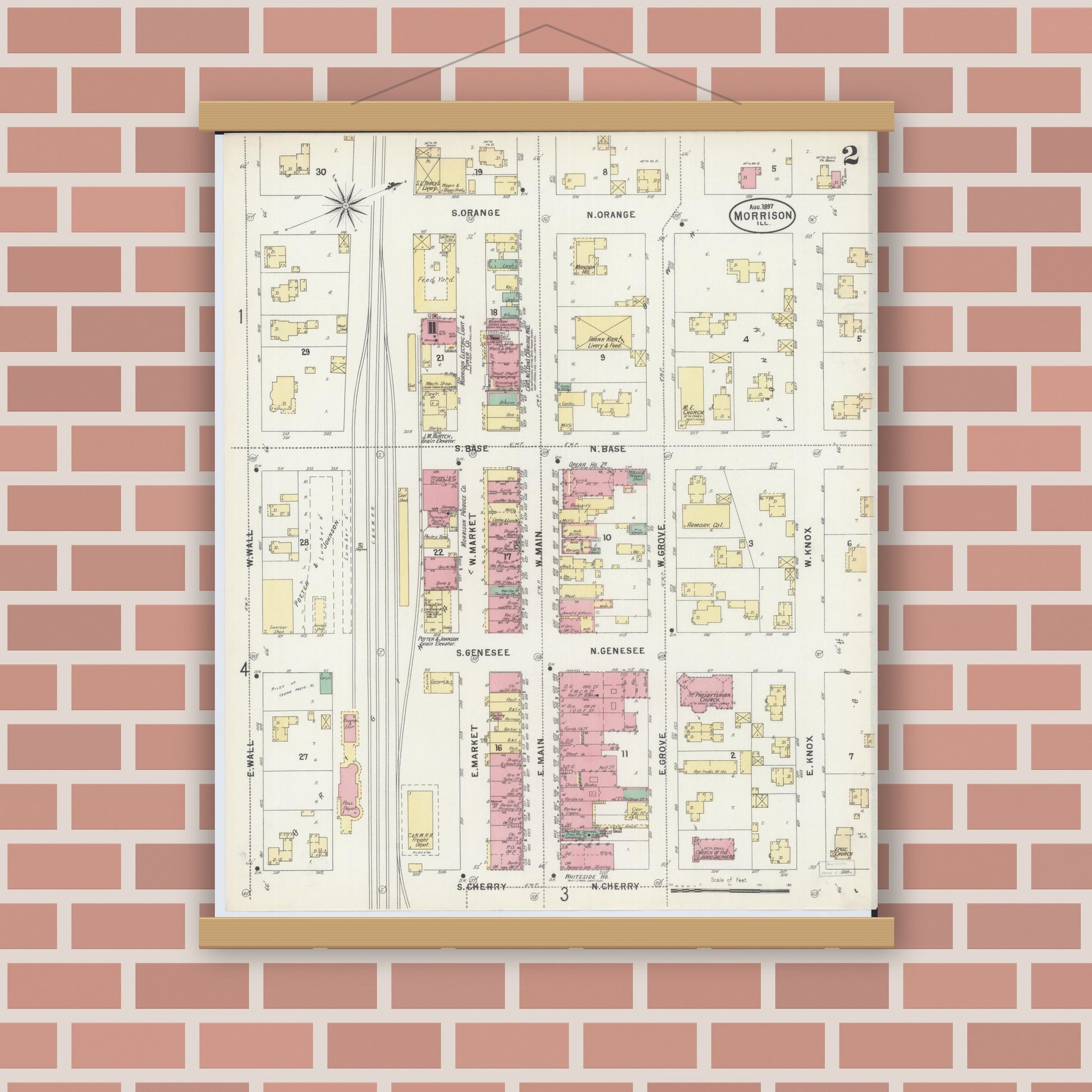 Old map wall art mockup — magnetic wood frame on brick wall — Sanborn Fire Insurance Map from Morrison, Whiteside County, Illinois (1897), Sheet #0002