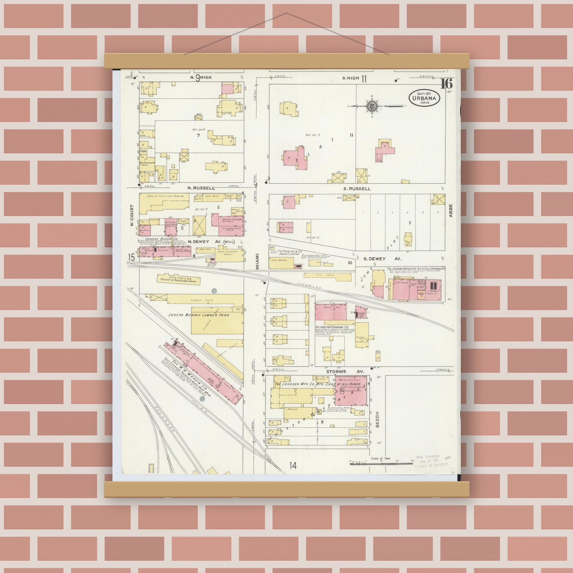 Old map wall art mockup — magnetic wood frame on brick wall — Sanborn Fire Insurance Map from Urbana, Champaign County, Ohio (1910), Sheet #0016