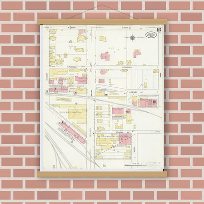 Old map wall art mockup — magnetic wood frame on brick wall — Sanborn Fire Insurance Map from Urbana, Champaign County, Ohio (1910), Sheet #0016