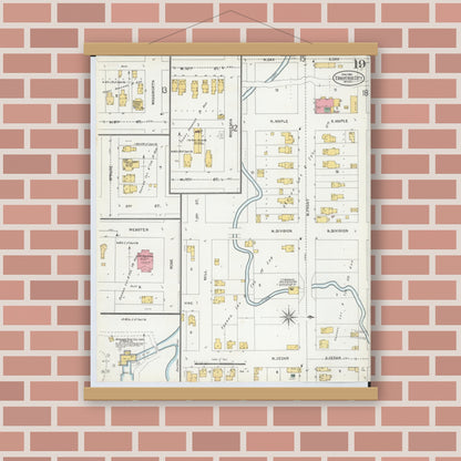 Old map wall art mockup — magnetic wood frame on brick wall — Sanborn Fire Insurance Map from Traverse City, Grand Traverse County, Michigan (1904), Sheet #0019