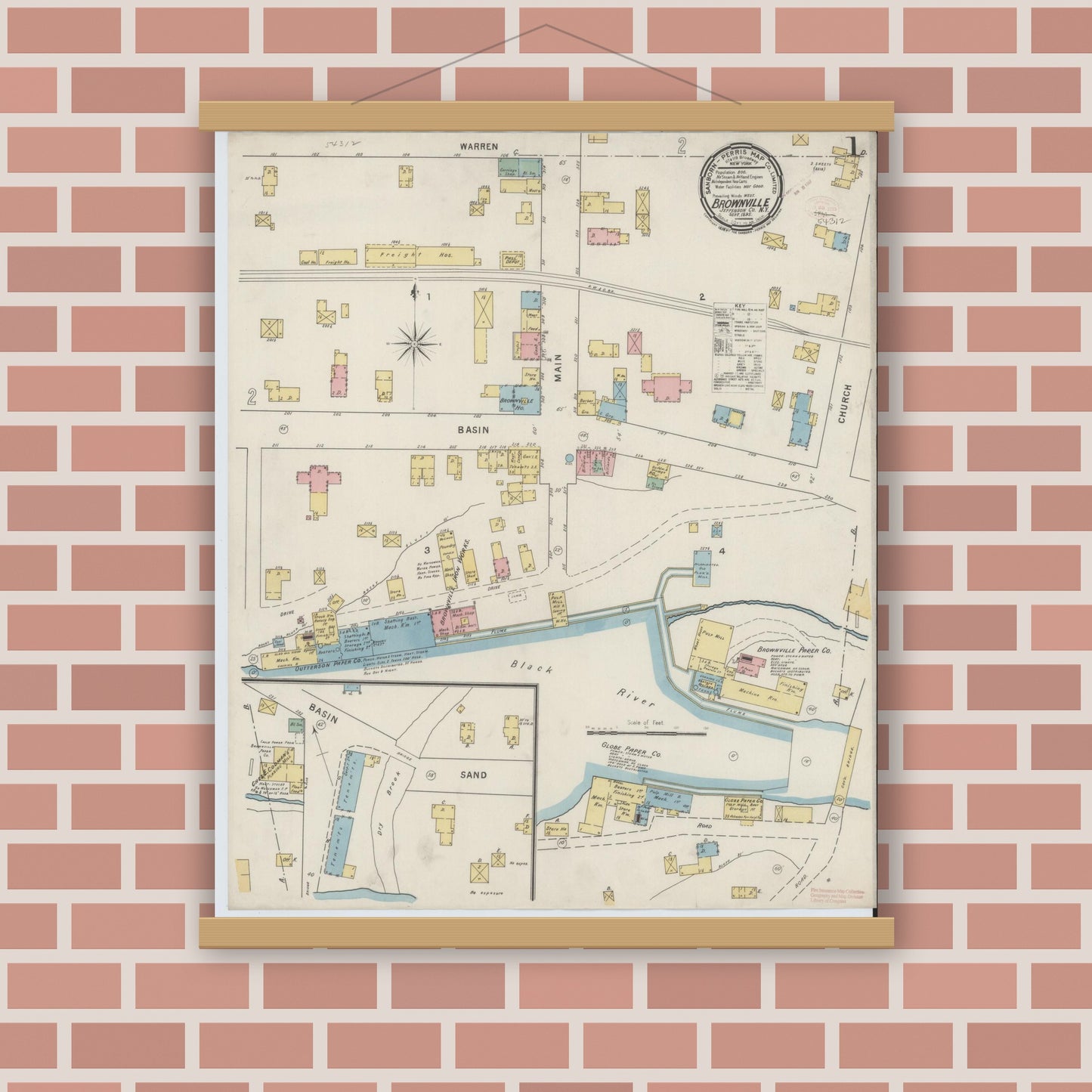 Old map wall art mockup — magnetic wood frame on brick wall — Sanborn Fire Insurance Map from Brownville, Jefferson County, New York (1895) - Complete Map Set