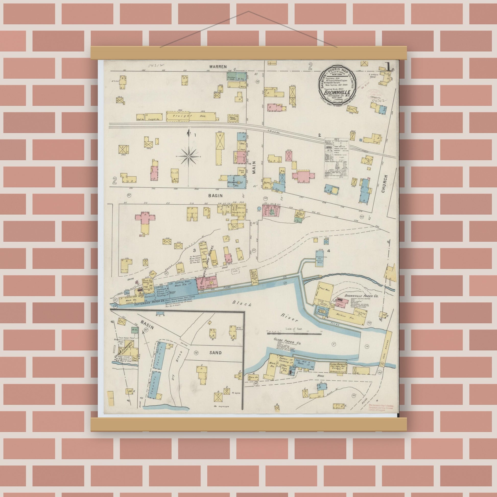 Old map wall art mockup — magnetic wood frame on brick wall — Sanborn Fire Insurance Map from Brownville, Jefferson County, New York (1895) - Complete Map Set