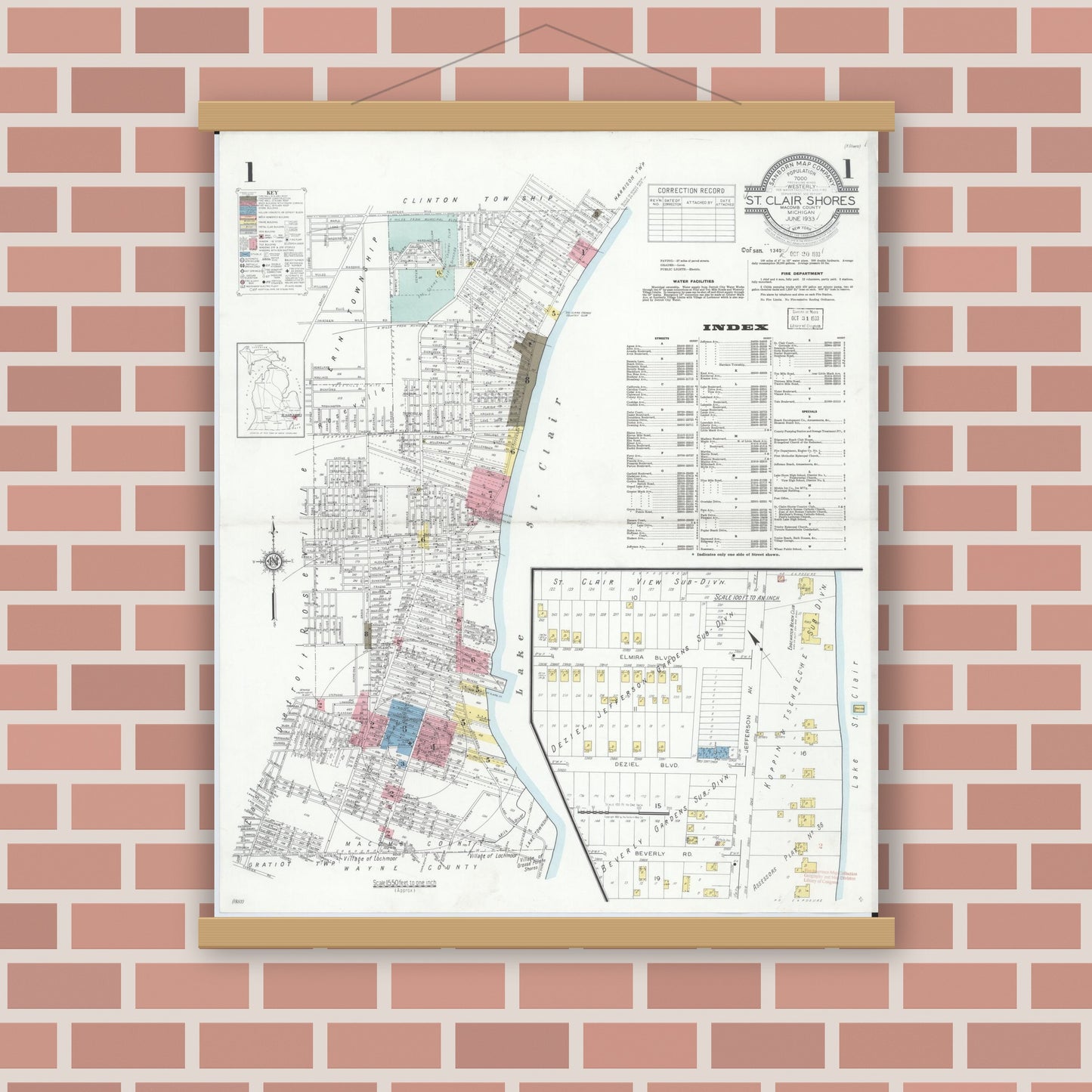Old map wall art mockup — magnetic wood frame on brick wall — Sanborn Fire Insurance Map from Saint Clair Shores, Macomb County, Michigan (1933) - Complete Map Set