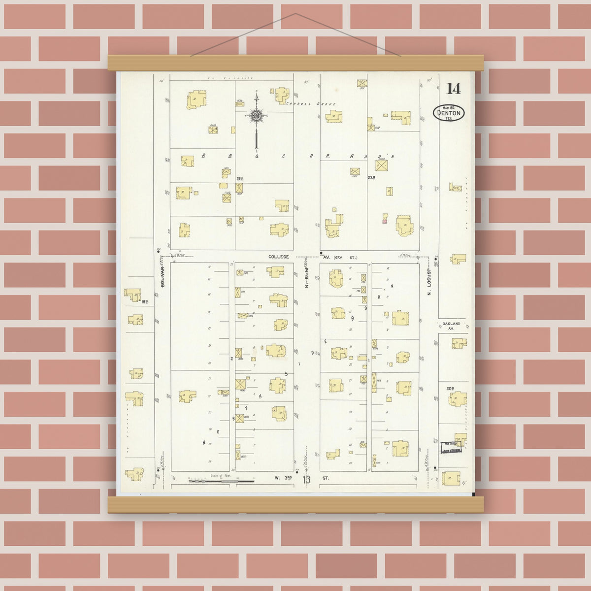 Old map wall art mockup — magnetic wood frame on brick wall — Sanborn Fire Insurance Map from Denton, Denton County, Texas (1912), Sheet #0014