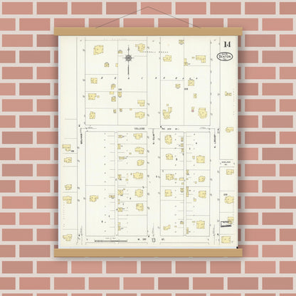 Old map wall art mockup — magnetic wood frame on brick wall — Sanborn Fire Insurance Map from Denton, Denton County, Texas (1912), Sheet #0014