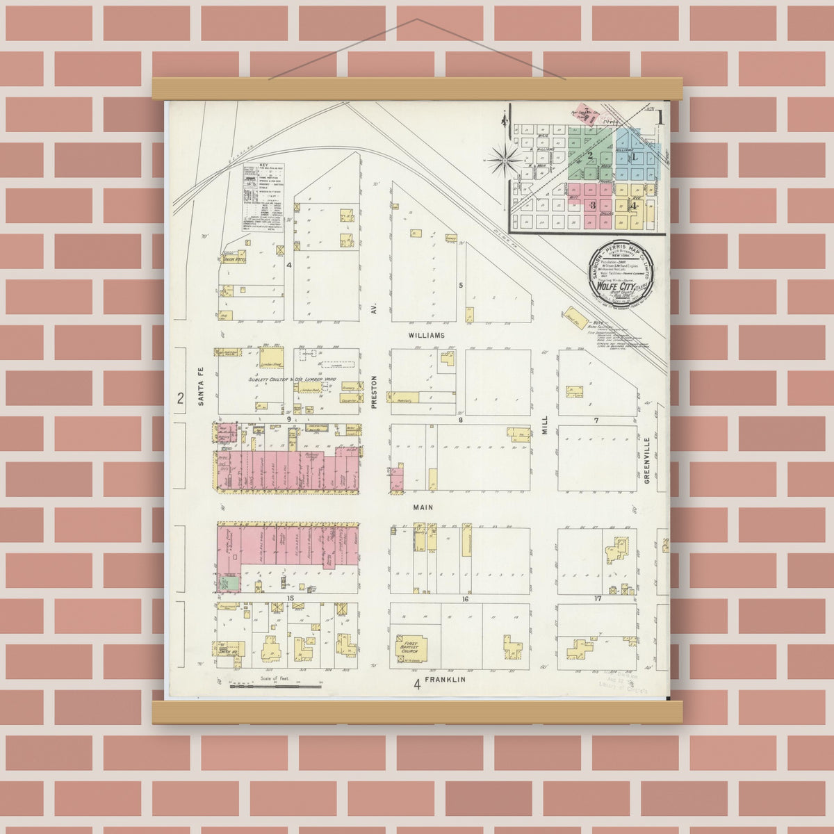 Old map wall art mockup — magnetic wood frame on brick wall — Sanborn Fire Insurance Map from Wolfe City, Hunt County, Texas (1896), Sheet #0001
