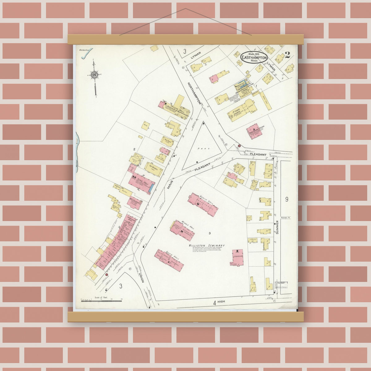 Old map wall art mockup — magnetic wood frame on brick wall — Sanborn Fire Insurance Map from East Hampton, Hampshire County, Massachusetts (1916), Sheet #0002