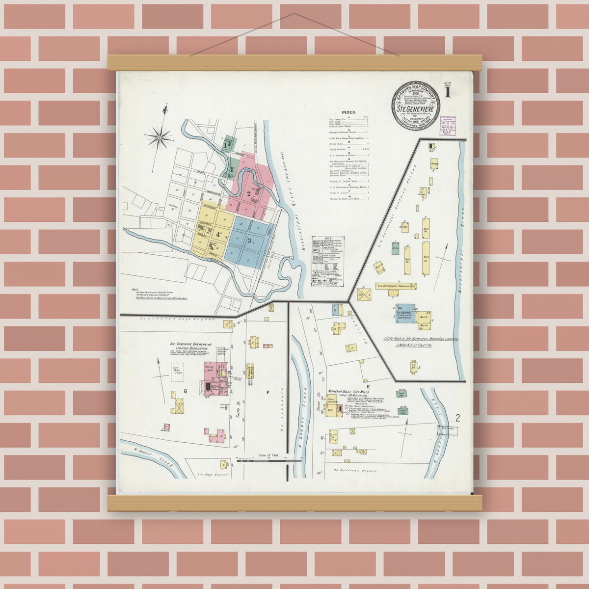Old map wall art mockup — magnetic wood frame on brick wall — Sanborn Fire Insurance Map from Sainte Genevieve, Saint Genevieve County, Missouri (1901), Sheet #0001