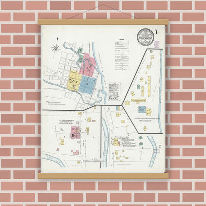 Old map wall art mockup — magnetic wood frame on brick wall — Sanborn Fire Insurance Map from Sainte Genevieve, Saint Genevieve County, Missouri (1901), Sheet #0001