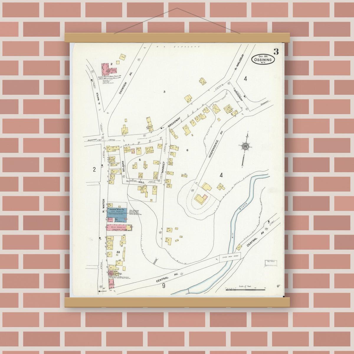 Old map wall art mockup — magnetic wood frame on brick wall — Sanborn Fire Insurance Map from Ossining, Westchester County, New York (1911), Sheet #0003