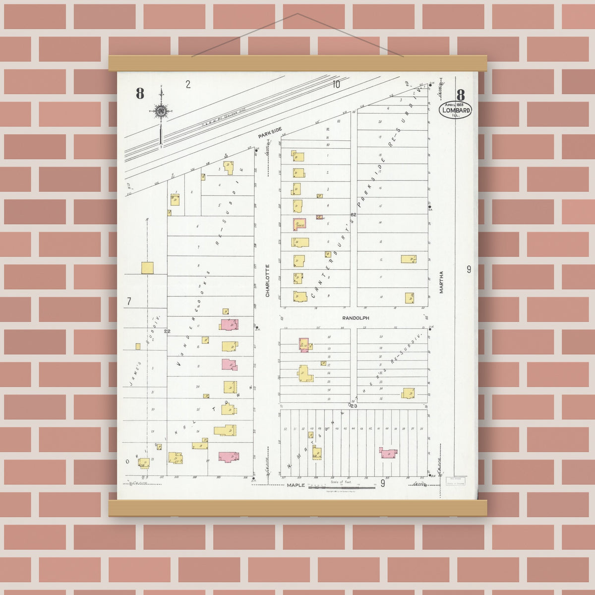 Old map wall art mockup — magnetic wood frame on brick wall — Sanborn Fire Insurance Map from Lombard, Du Page County, Illinois (1925), Sheet #0008