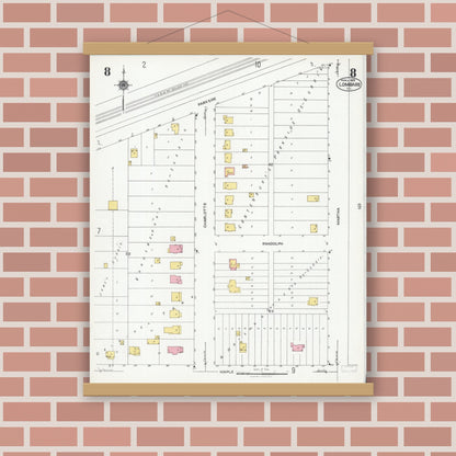 Old map wall art mockup — magnetic wood frame on brick wall — Sanborn Fire Insurance Map from Lombard, Du Page County, Illinois (1925), Sheet #0008