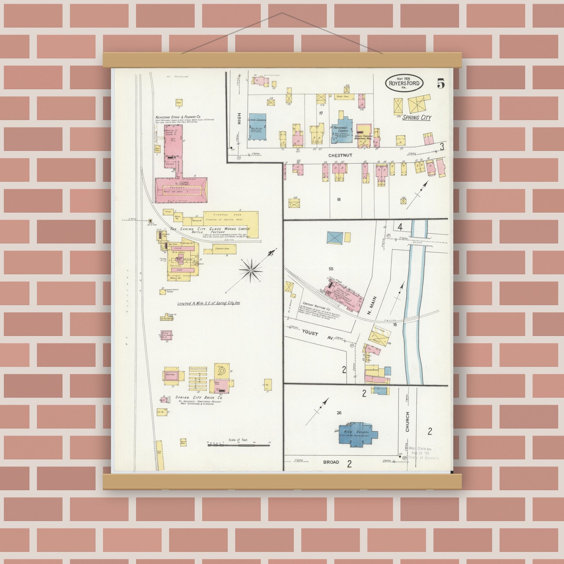 Old map wall art mockup — magnetic wood frame on brick wall — Sanborn Fire Insurance Map from Royersford, Montgomery County, Pennsylvania (1909), Sheet #0005