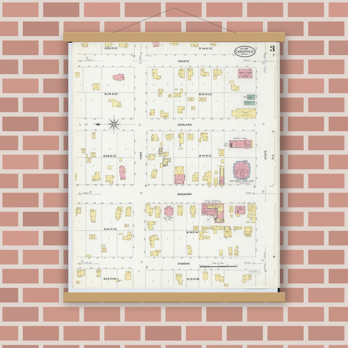 Old map wall art mockup — magnetic wood frame on brick wall — Sanborn Fire Insurance Map from Cassopolis, Cass County, Michigan (1909), Sheet #0003