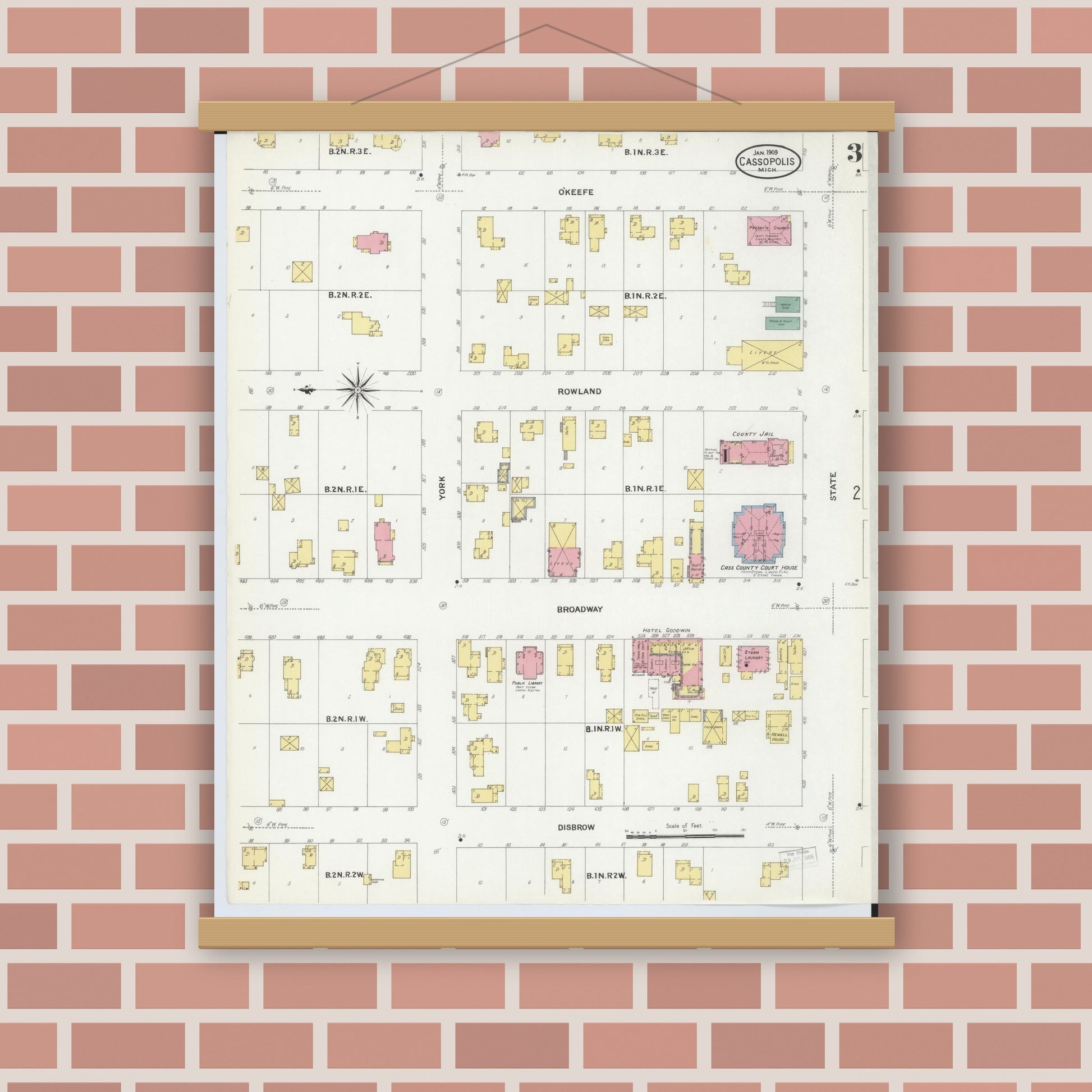 Old map wall art mockup — magnetic wood frame on brick wall — Sanborn Fire Insurance Map from Cassopolis, Cass County, Michigan (1909), Sheet #0003