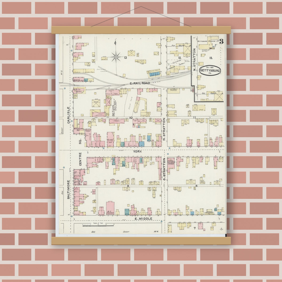 Old map wall art mockup — magnetic wood frame on brick wall — Sanborn Fire Insurance Map from Gettysburg, Adams County, Pennsylvania (1891), Sheet #0003