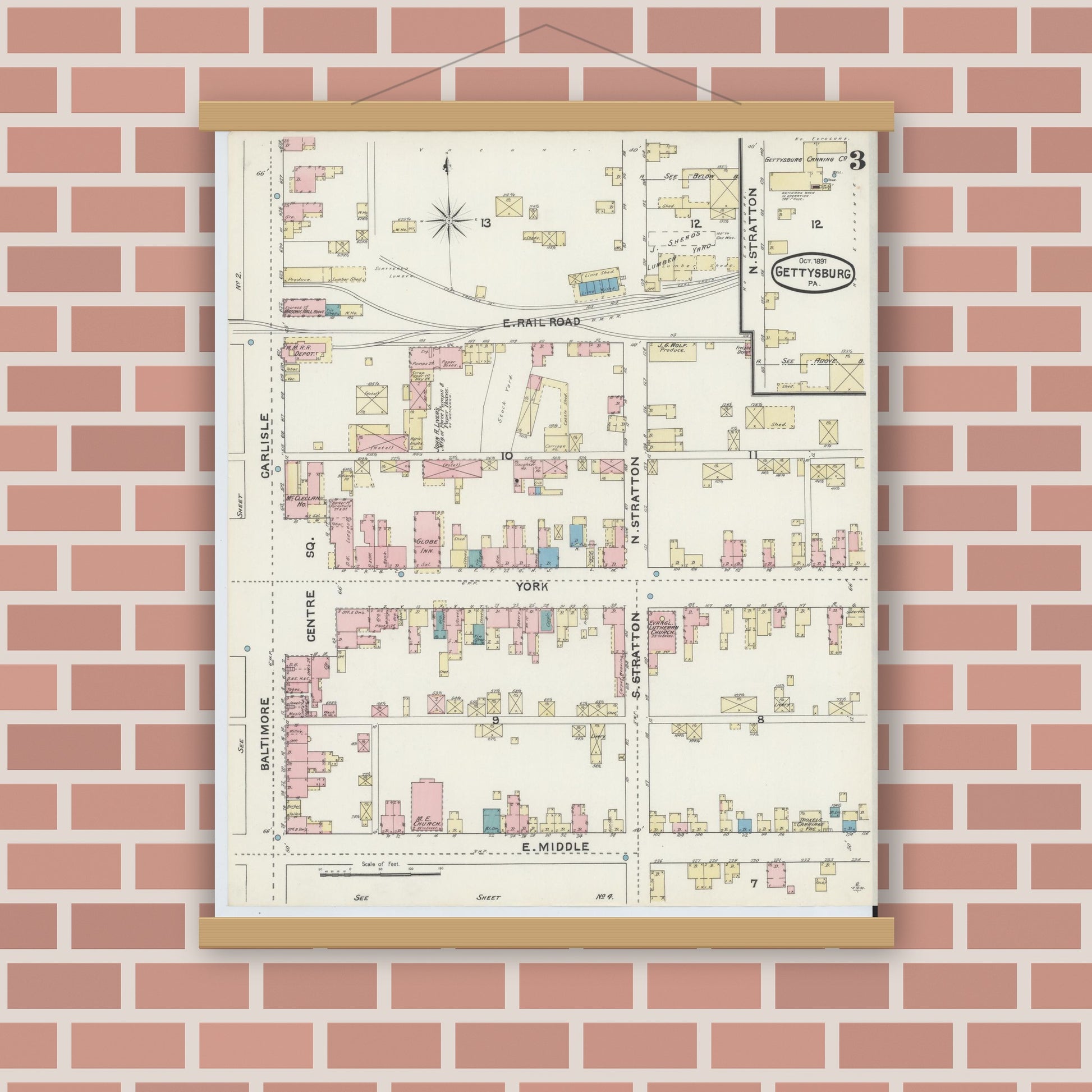 Old map wall art mockup — magnetic wood frame on brick wall — Sanborn Fire Insurance Map from Gettysburg, Adams County, Pennsylvania (1891), Sheet #0003