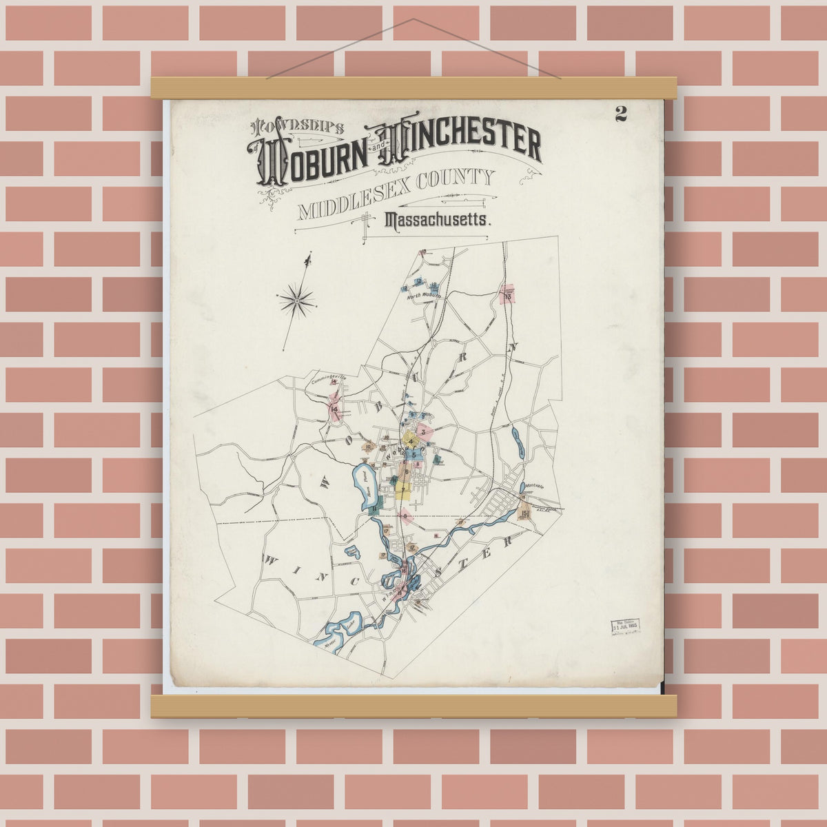 Old map wall art mockup — magnetic wood frame on brick wall — Sanborn Fire Insurance Map from Woburn, Middlesex County, Massachusetts (1888), Sheet #0002