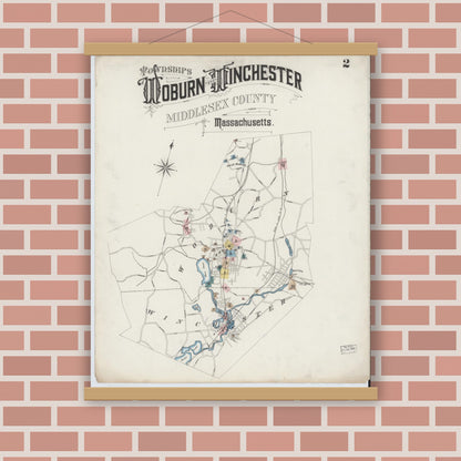 Old map wall art mockup — magnetic wood frame on brick wall — Sanborn Fire Insurance Map from Woburn, Middlesex County, Massachusetts (1888), Sheet #0002