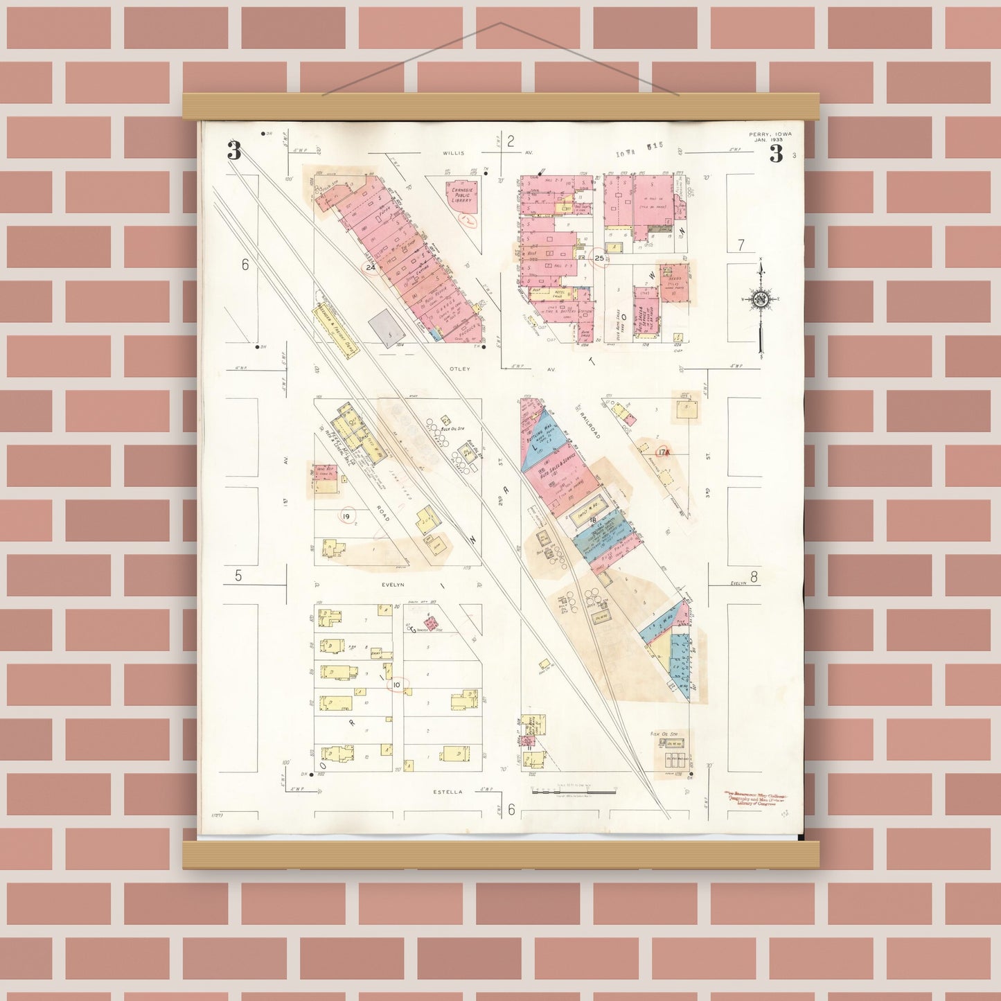 Old map wall art mockup — magnetic wood frame on brick wall — Sanborn Fire Insurance Map from Perry, Dallas County, Iowa (1947), Sheet #0003