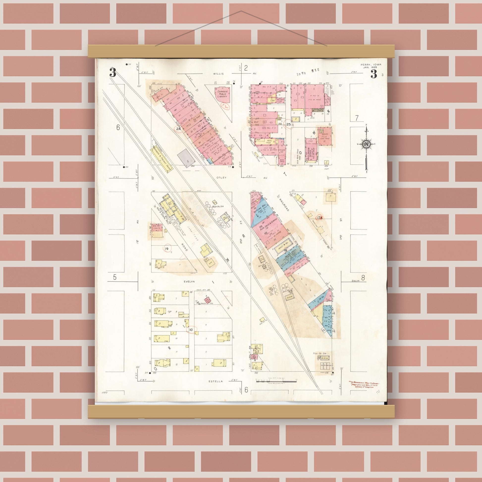 Old map wall art mockup — magnetic wood frame on brick wall — Sanborn Fire Insurance Map from Perry, Dallas County, Iowa (1947), Sheet #0003