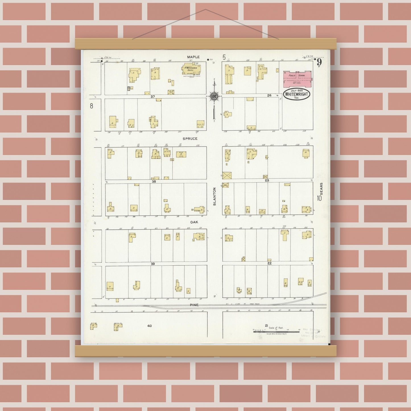 Old map wall art mockup — magnetic wood frame on brick wall — Sanborn Fire Insurance Map from Whitewright, Grayson County, Texas (1920), Sheet #0009
