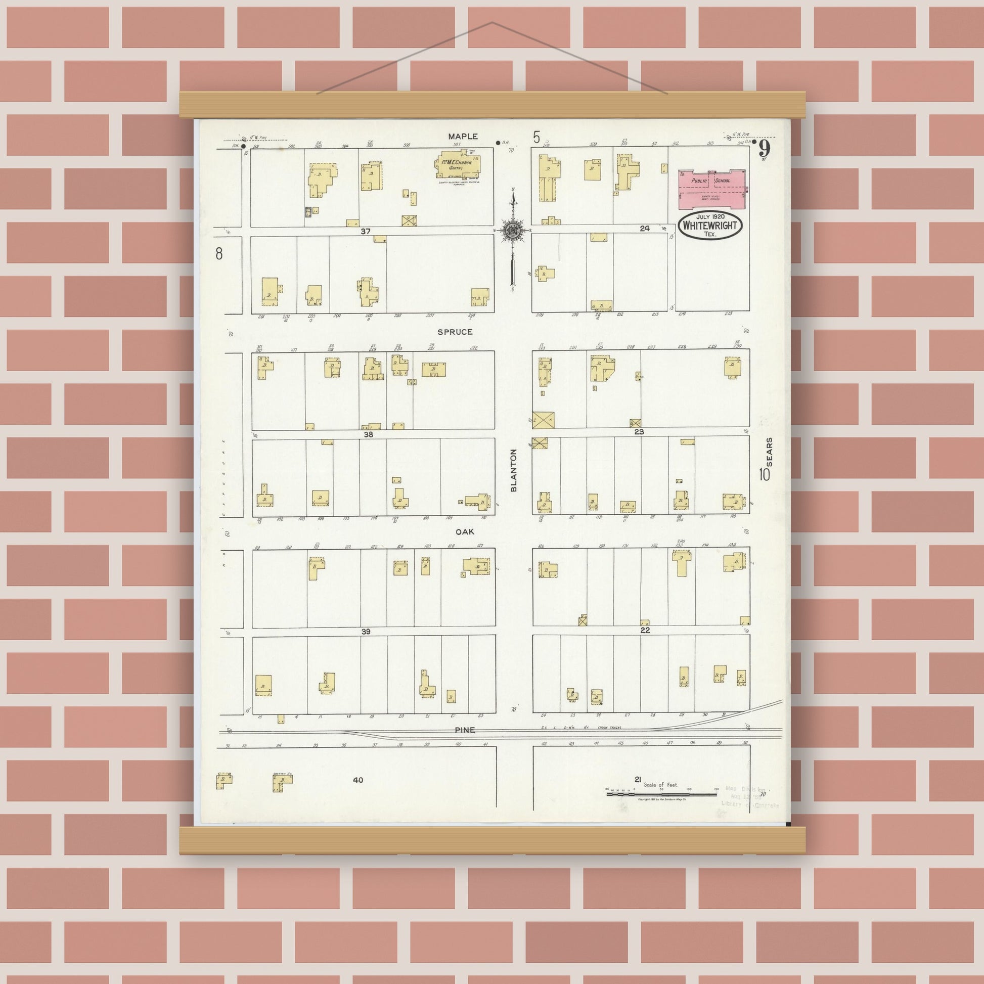Old map wall art mockup — magnetic wood frame on brick wall — Sanborn Fire Insurance Map from Whitewright, Grayson County, Texas (1920), Sheet #0009