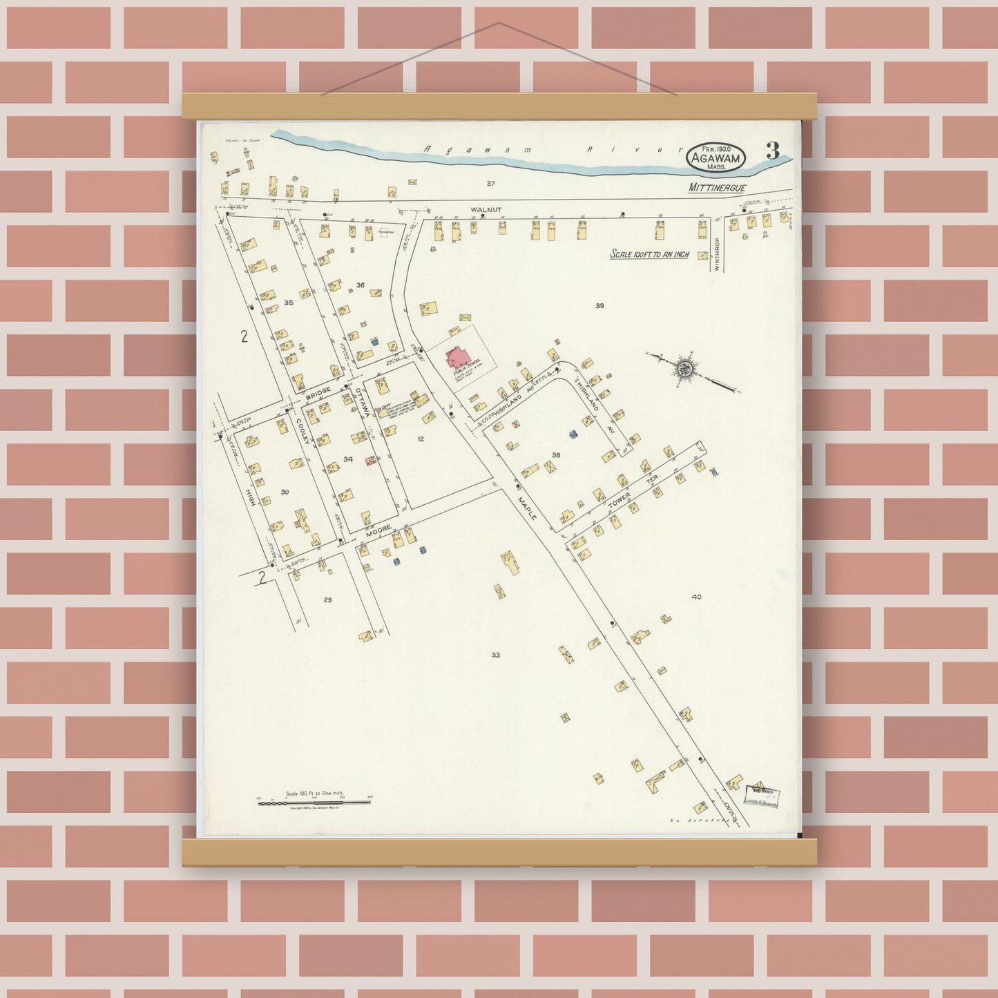 Old map wall art mockup — magnetic wood frame on brick wall — Sanborn Fire Insurance Map from Agawam, Hampden County, Massachusetts (1920), Sheet #0003