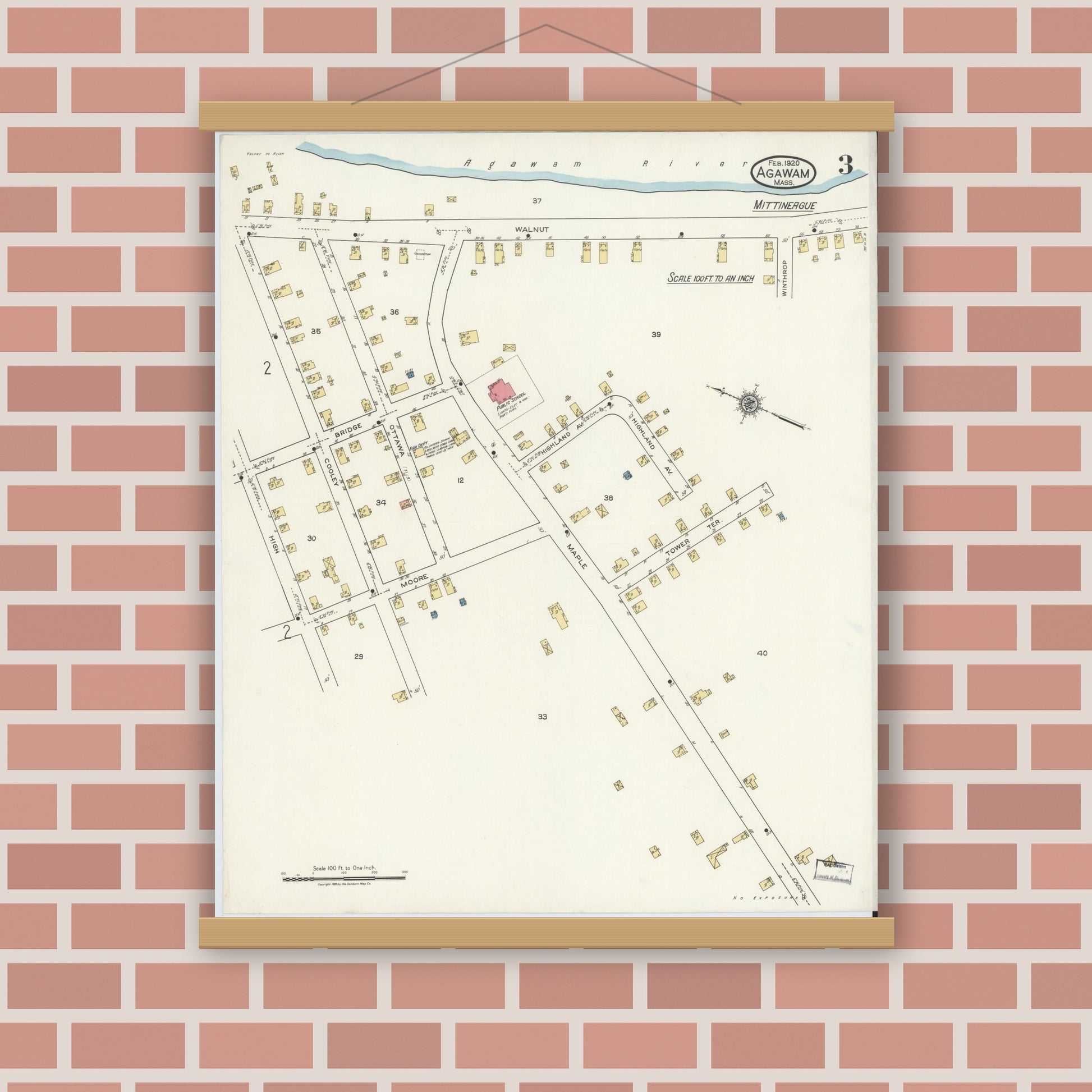 Old map wall art mockup — magnetic wood frame on brick wall — Sanborn Fire Insurance Map from Agawam, Hampden County, Massachusetts (1920), Sheet #0003
