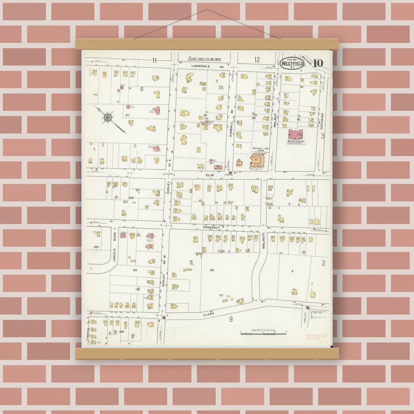 Old map wall art mockup — magnetic wood frame on brick wall — Sanborn Fire Insurance Map from Westfield, Union County, New Jersey (1916), Sheet #0010