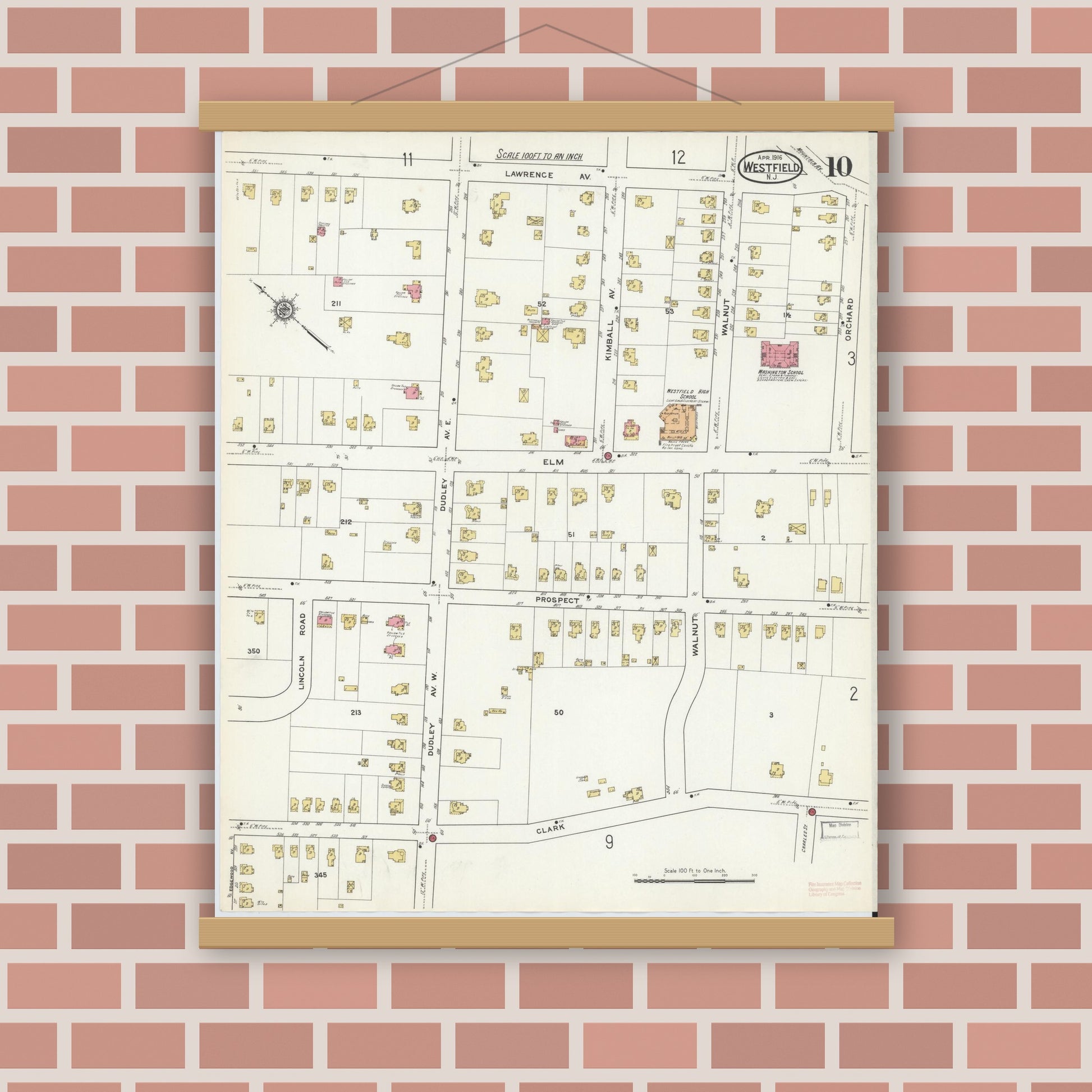 Old map wall art mockup — magnetic wood frame on brick wall — Sanborn Fire Insurance Map from Westfield, Union County, New Jersey (1916), Sheet #0010