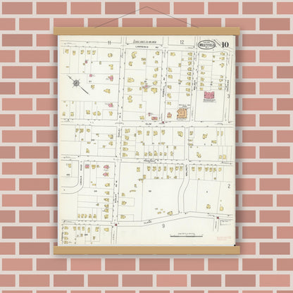 Old map wall art mockup — magnetic wood frame on brick wall — Sanborn Fire Insurance Map from Westfield, Union County, New Jersey (1916), Sheet #0010