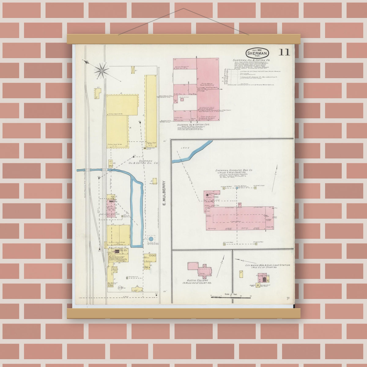 Old map wall art mockup — magnetic wood frame on brick wall — Sanborn Fire Insurance Map from Sherman, Grayson County, Texas (1892), Sheet #0011