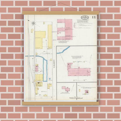 Old map wall art mockup — magnetic wood frame on brick wall — Sanborn Fire Insurance Map from Sherman, Grayson County, Texas (1892), Sheet #0011