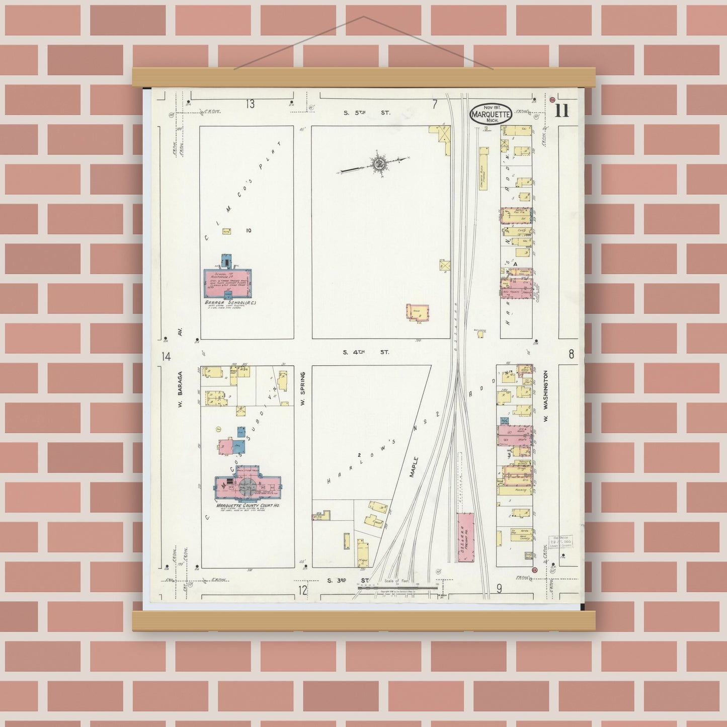 Old map wall art mockup — magnetic wood frame on brick wall — Sanborn Fire Insurance Map from Marquette, Marquette County, Michigan (1917), Sheet #0011