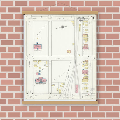 Old map wall art mockup — magnetic wood frame on brick wall — Sanborn Fire Insurance Map from Marquette, Marquette County, Michigan (1917), Sheet #0011