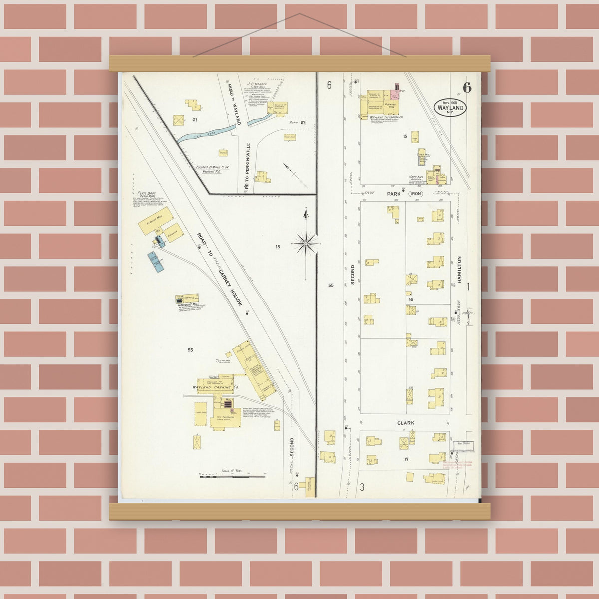 Old map wall art mockup — magnetic wood frame on brick wall — Sanborn Fire Insurance Map from Wayland, Steuben County, New York (1908), Sheet #0006