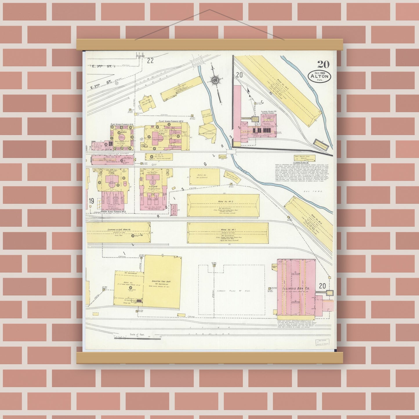 Old map wall art mockup — magnetic wood frame on brick wall — Sanborn Fire Insurance Map from Alton, Madison County, Illinois (1909), Sheet #0020