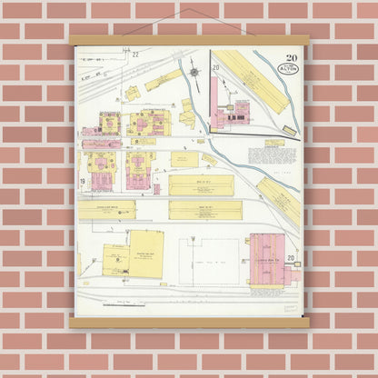Old map wall art mockup — magnetic wood frame on brick wall — Sanborn Fire Insurance Map from Alton, Madison County, Illinois (1909), Sheet #0020