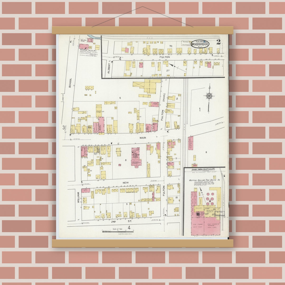 Old map wall art mockup — magnetic wood frame on brick wall — Sanborn Fire Insurance Map from Woodbridge, Middlesex County, New Jersey (1916), Sheet #0002