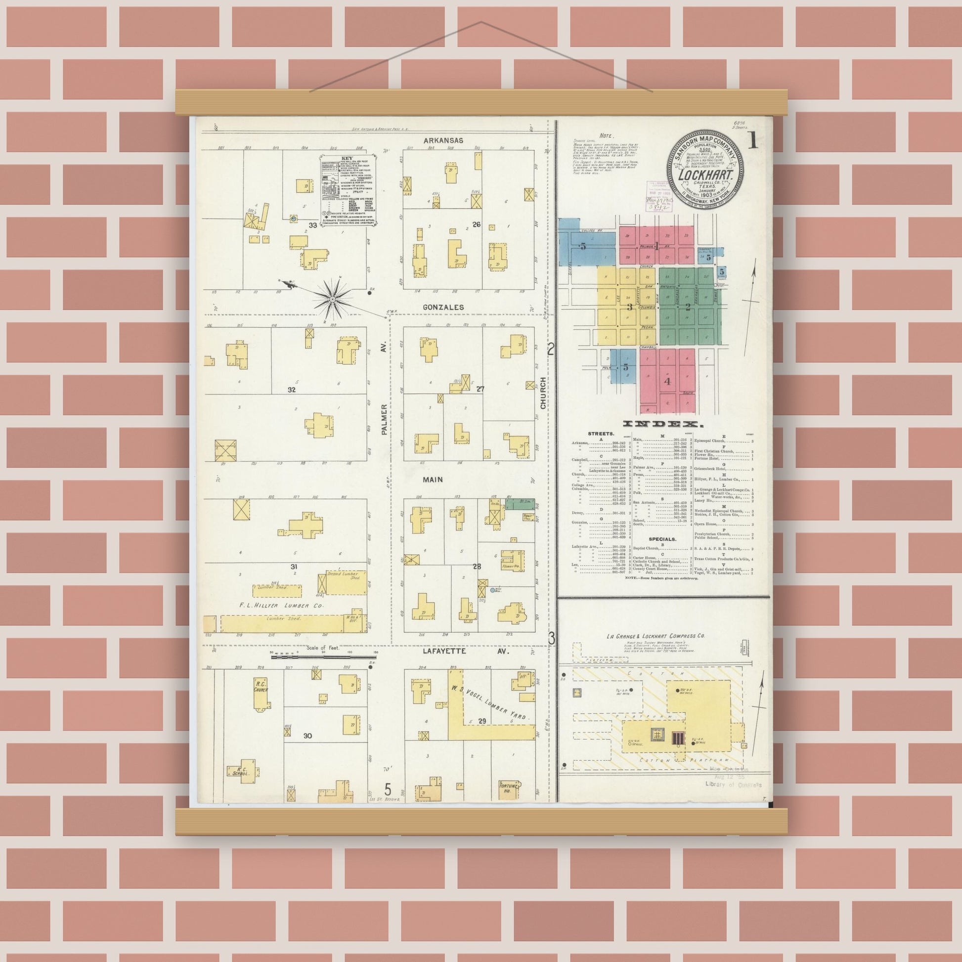 Old map wall art mockup — magnetic wood frame on brick wall — Sanborn Fire Insurance Map from Lockhart, Caldwell County, Texas (1903) - Complete Map Set