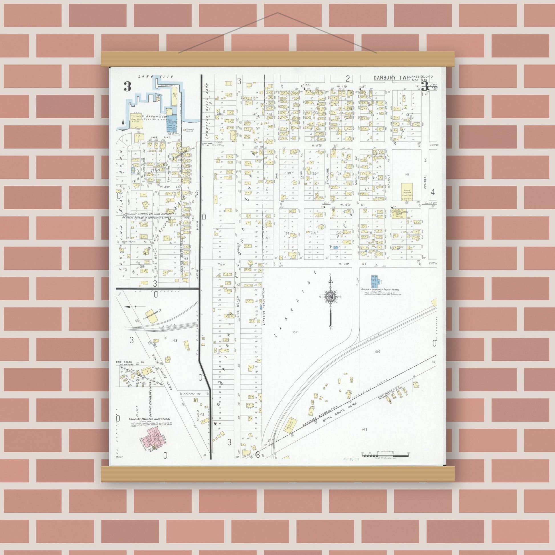 Old map wall art mockup — magnetic wood frame on brick wall — Sanborn Fire Insurance Map from Lakeside, Ottawa County, Ohio (1946), Sheet #0003