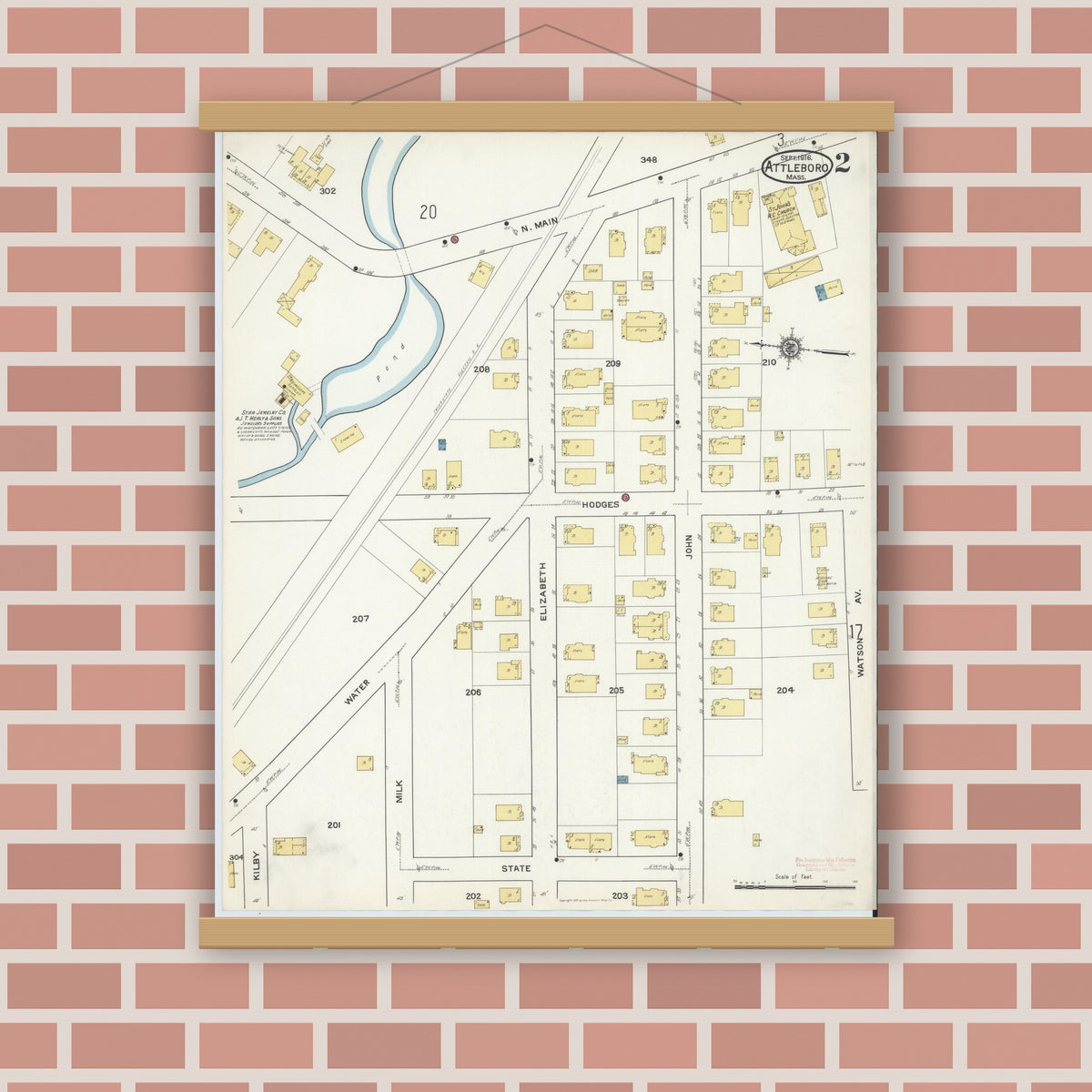 Old map wall art mockup — magnetic wood frame on brick wall — Sanborn Fire Insurance Map from Attleboro, Bristol County, Massachusetts (1916) - Complete Map Set
