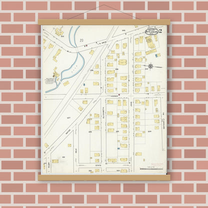 Old map wall art mockup — magnetic wood frame on brick wall — Sanborn Fire Insurance Map from Attleboro, Bristol County, Massachusetts (1916) - Complete Map Set