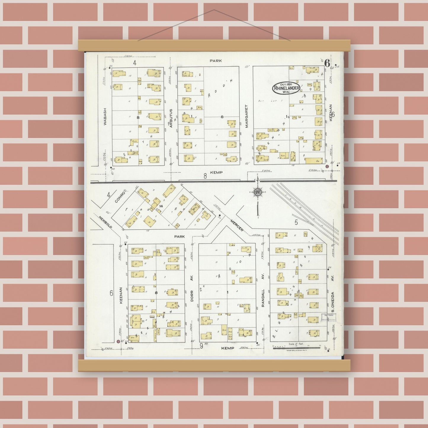 Old map wall art mockup — magnetic wood frame on brick wall — Sanborn Fire Insurance Map from Rhinelander, Oneida County, Wisconsin (1920), Sheet #0006