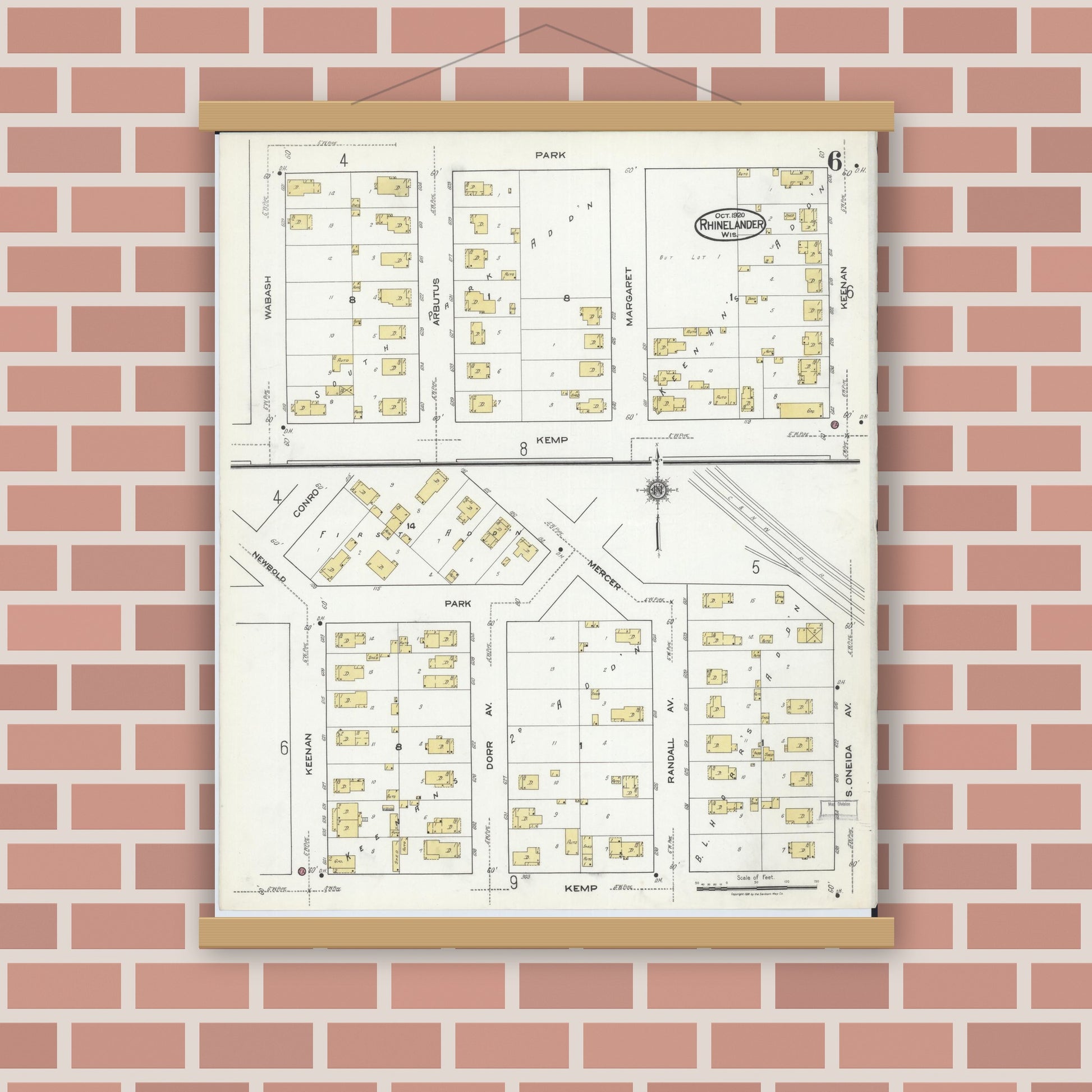 Old map wall art mockup — magnetic wood frame on brick wall — Sanborn Fire Insurance Map from Rhinelander, Oneida County, Wisconsin (1920), Sheet #0006