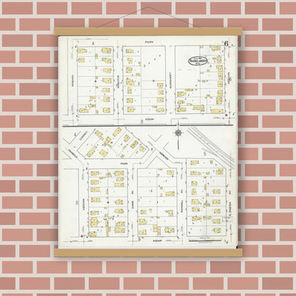 Old map wall art mockup — magnetic wood frame on brick wall — Sanborn Fire Insurance Map from Rhinelander, Oneida County, Wisconsin (1920), Sheet #0006